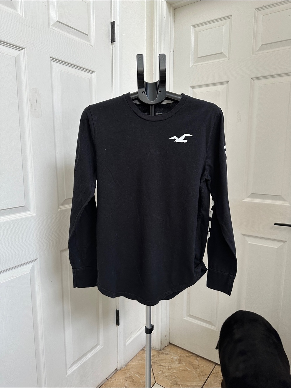 Hollister Men’s  Black Long Sleeve Shirt with White Logo in Size M